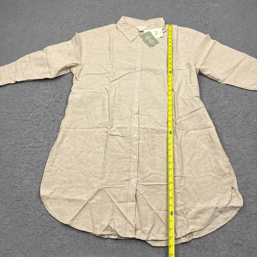 H&M Shirt Dress Women's XL Beige Linen Button Up Front Tie Long Sleeve Lagenlook
